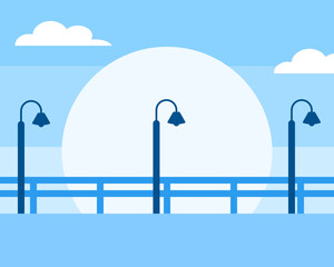 Illustration of bright blue scene with street lamps and a large sun, set against a light blue sky, creating a cheerful atmosphere