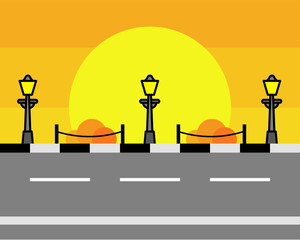 Illustration of vibrant sunset backdrop with yellow hues, featuring street lamps and a road, creating a warm evening vibe