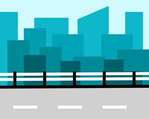 Illustration of stylized city skyline in turquoise shades, featuring a road and fence, creating a contemporary urban feel
