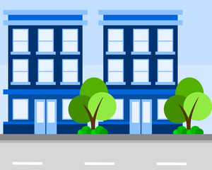 Illustration of modern cityscape with blue buildings and green trees, set against a light blue sky, depicting urban life
