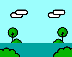 Illustration of tranquil green landscape featuring stylized trees and bushes against a light blue background, evoking a peaceful outdoor setting