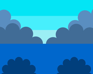 Illustration of tranquil blue scene with layered clouds and stylized foliage, evoking a calm, serene environment