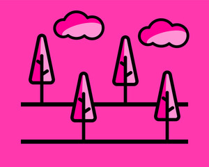 Illustration of playful pink landscape with stylized pink trees and clouds, creating a whimsical and cheerful vibe