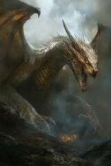 Fototapeta premium Large, gold dragon, smoky, rocky landscape, fire.
