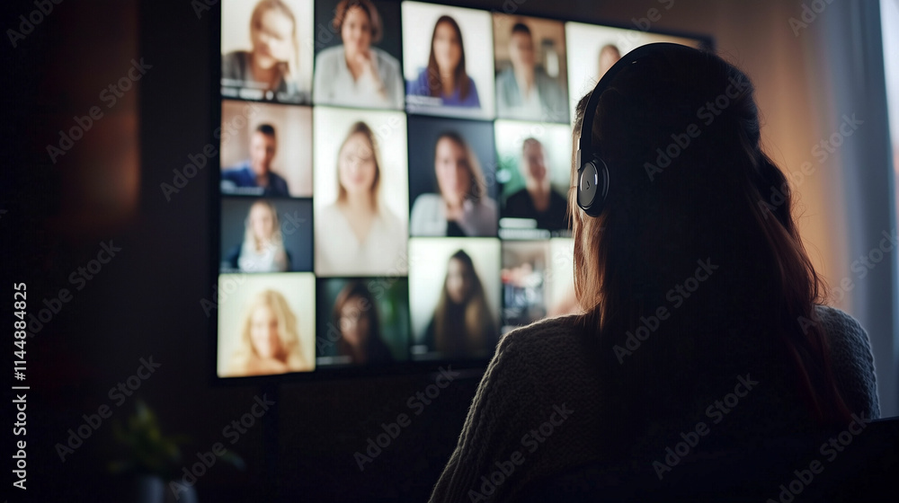 Poster virtual meeting with multiple participants showcased on screen during a work session in a cozy setti