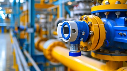 Gas leak detection sensor mounted on a pipeline in a factory setting, with a soft blurred background.