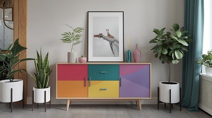Chic Nordic decor with designed cabinet, photo frame, elegant accessories, and potted plants. Contemporary home design. Clean aesthetic design
