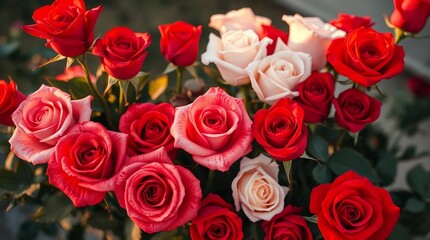 Obraz premium Beautiful red and pink roses arranged for Valentine's Day celebration with green leaves