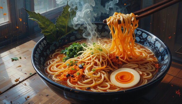 n abstract painting of a bowl of ramen, using bold colors and expressive brushstrokes, hyper realistic, detailed, dramatic lighting, 8K resolution