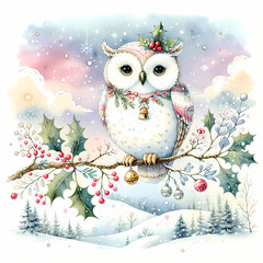 An owl with a jingle bell collar sits on a branch surrounded by glowing Christmas garlands and soft snow