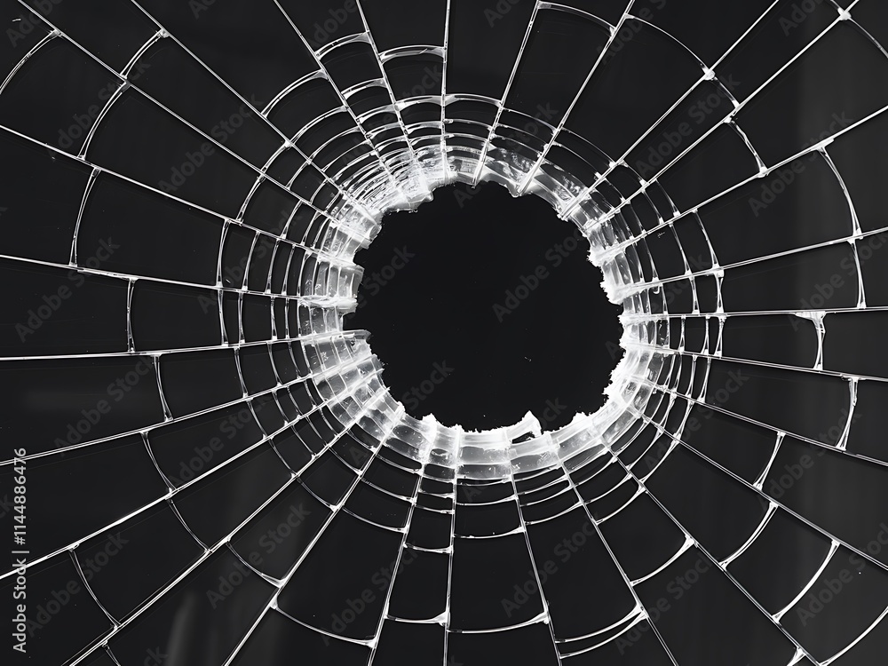 Poster abstract fractal background with circles, stark black-and-white image of a broken glass window with 