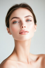 Fototapeta premium Portrait of caucasian young adult female with elegant features and natural makeup