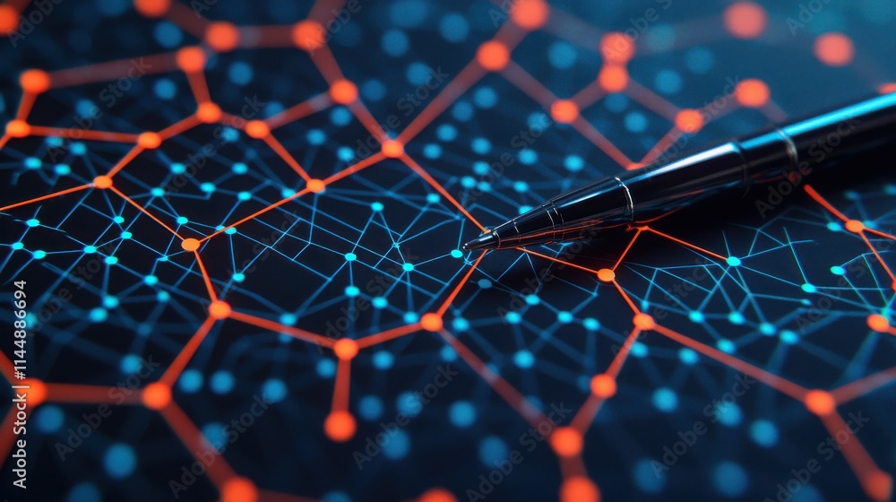 Poster a close-up view of a pen resting on a vibrant, geometric network of interconnected nodes, showcasing