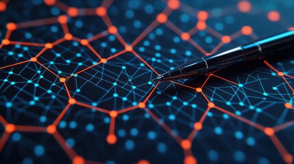 Obraz premium A close-up view of a pen resting on a vibrant, geometric network of interconnected nodes, showcasing intricate patterns in blue and orange.