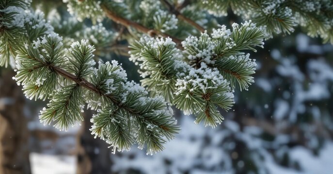 Close-up of pine tree branches with delicate snowflakes, branches, snowflakes