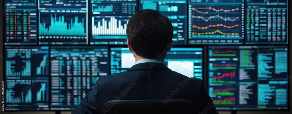 Poster a person in a suit analyzes financial data on multiple screens, showcasing stock market trends and a