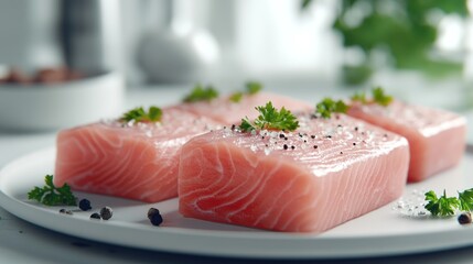 Three fresh salmon fillets seasoned with salt and pepper on a plate.