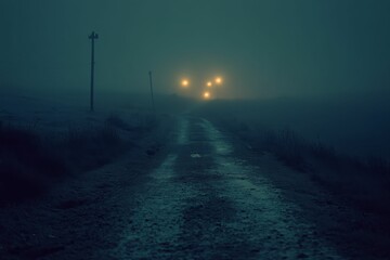 Foggy road, distant lights, dark landscape.