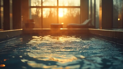 Warm sunrise light illuminates indoor pool.