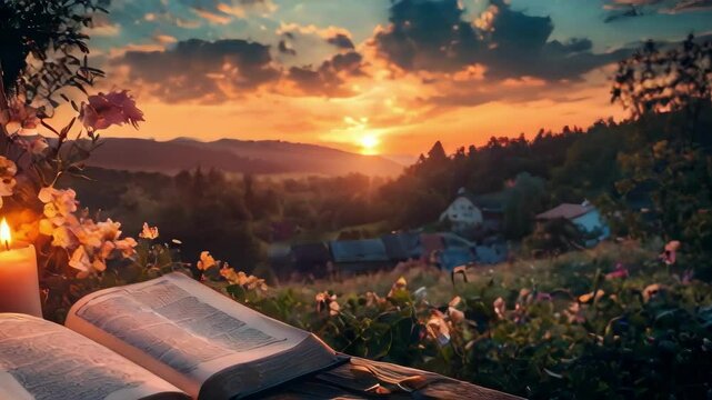 An open Bible with a lit candle at sunset evokes faith, hope, and prayer. Perfect for religious or inspirational projects.. AI Generation