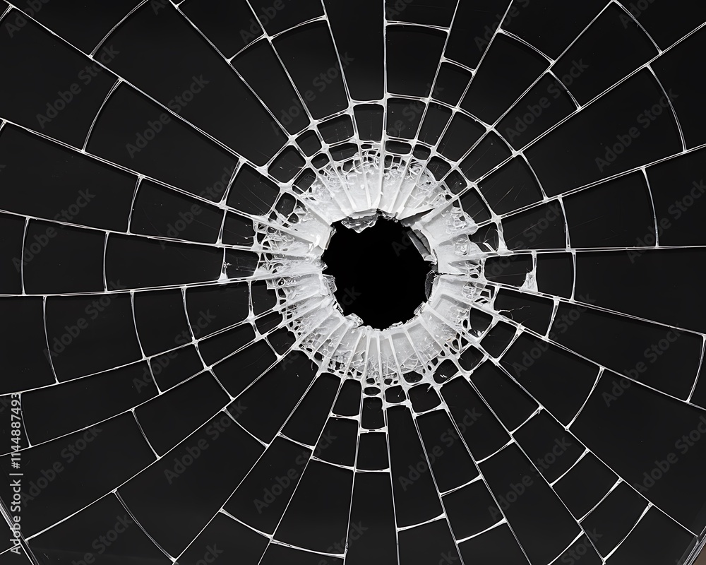 Poster abstract fractal background with circles, stark black-and-white image of a broken glass window with 