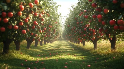 Lush apple orchard with ripe fruit and greenery.