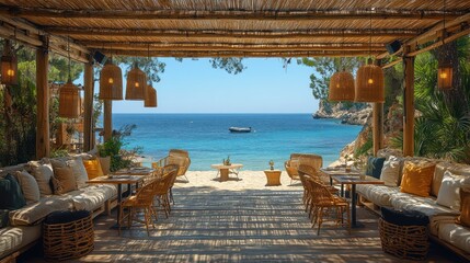Beachfront restaurant patio with ocean view, rattan furniture, and  wicker lamps.