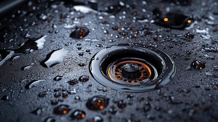 Wet dark sink drain with water droplets.