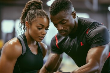 A personal trainer assisting a client during a workout session at the gym