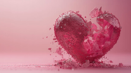Glitter heart dissolving into pieces on pink background, broken heart and love emergence concept