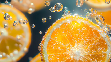 Slices of orange float in sparkling water, enhanced by vibrant bubbles during warm summer weather