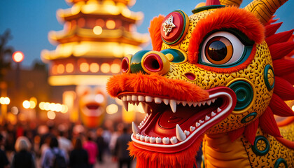 Obraz premium Vibrant Chinese Dragon Dance Performance at Night During Lunar New Year Festival
