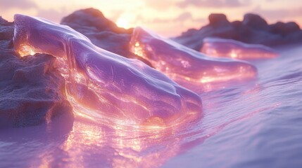 Obraz premium Enchanted Coastal Sunrise: Glowing Rocks and Gentle Waves