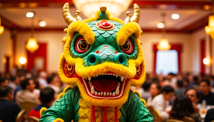 Fototapeta premium Vibrant Chinese Dragon Dance Performance at Festive Indoor Celebration During Chinese New Year