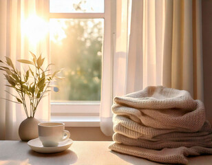 Table by the window with curtains.