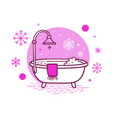 Bathtub with bubbles and snowflakes for winter self-care.