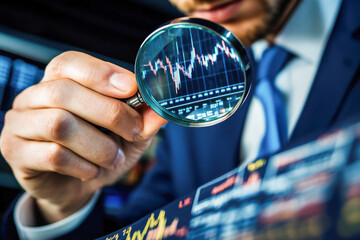 Caucasian male analyzing stock market trends with magnifying glass in office
