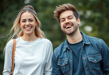 Portrait of two people in a natural setting, expressing joy and happiness