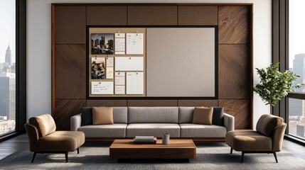 2025 goal setting motivation and strategy. Modern living room with stylish furniture and urban skyline view.