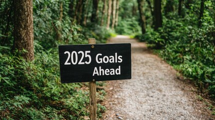 2025 goal setting motivation and strategy. Signpost in a forest path indicating future goals for 2025.