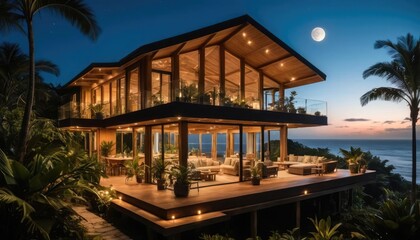 A beautiful wooden house with large glass windows overlooking the ocean at night