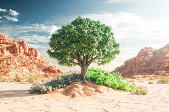 Lush green tree in arid desert landscape with red rock formations