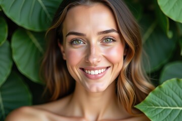 Smiling woman with radiant skin and green eyes, surrounded by lush greenery, emphasizing natural beauty, eco-conscious living, and organic wellness concept.