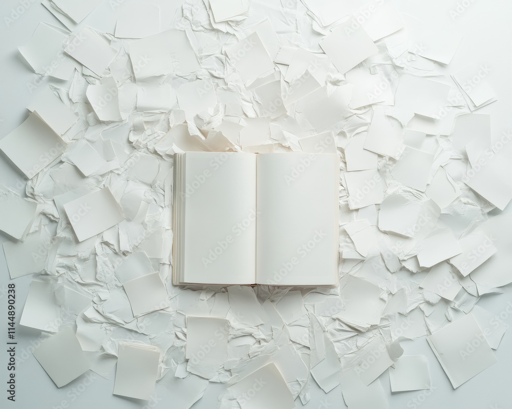 Poster surreal open book amid torn paper textures in soft light