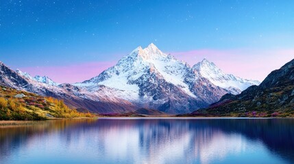 Fototapeta premium Majestic snow-capped mountain reflected in a calm lake at dawn.