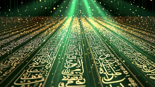 Glowing Arabic calligraphy on a dark green background with sparkling particles. Perfect for religious or spiritual designs.