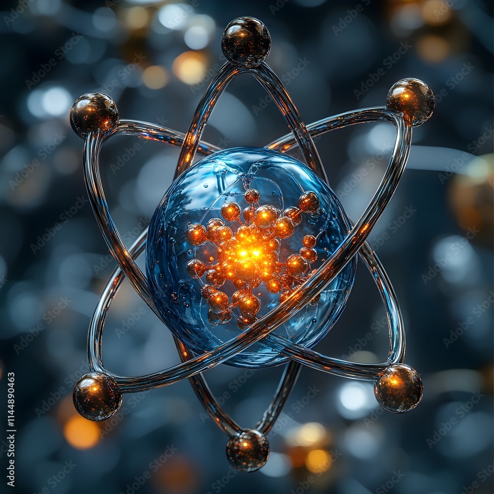 Poster technetium atom model highlighting its internal structure and role in advanced radiopharmaceutical r
