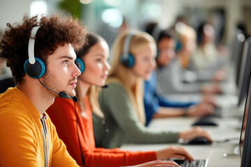 Focused young adults at call center wearing headphones in professional office environment