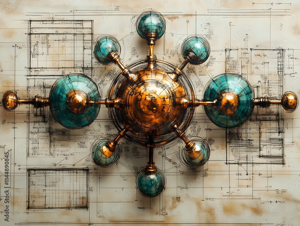 Poster intricately detailed technetium atom model showcasing its nuclear composition subshells and electron