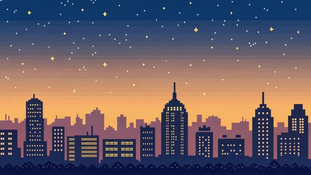 Blocky Dreams A pixel art city under a twilight sky filled with golden stars where the chunky buildings mirror the blockiness of the stars creating a harmonious and nostalgic